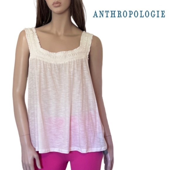 Anthropologie Top Tank Blouse Shirred Smocked Cotton Modal Sleeveless Ivory NWOT - Picture 1 of 13